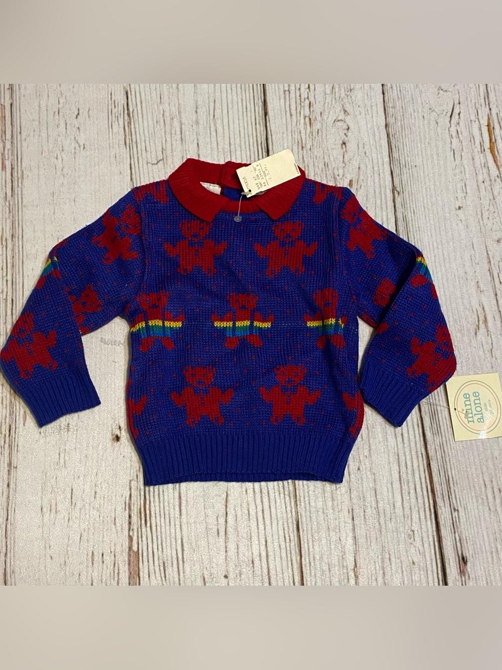 Vintage 80s Toddler Teddy Bear Knit Sweater Blue Red Intarsia Pullover Size 24M